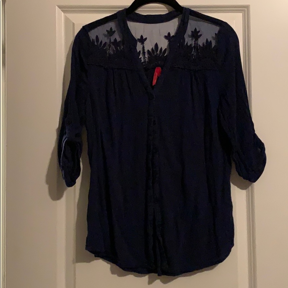 Red Camel 3/4 Sleeve Blue Embroidered Top